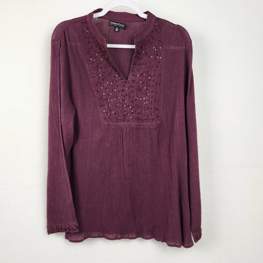 Greater Good Beaded Accordion Pleat V Neck Blouse Size 1X Purple Long Sleeve